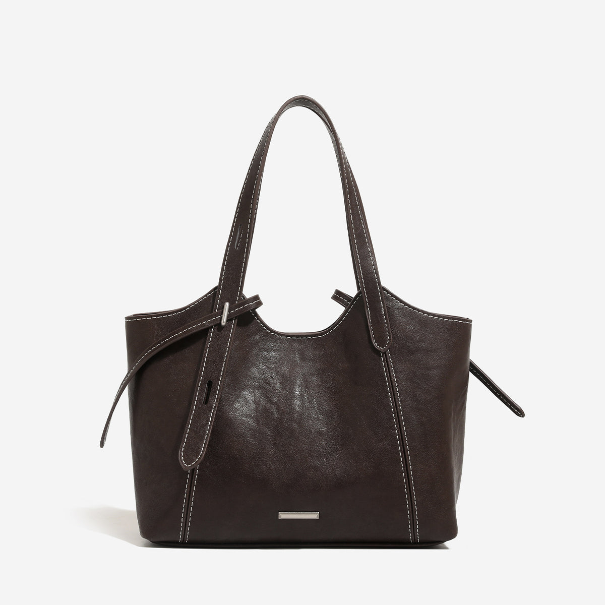 Strukturierte Tote-Bag aus Used-Lederimitat mit kontrastierenden Ziernähten, seitlichem Bindebanddetail, zwei Tragegriffen oben und abnehmbarem