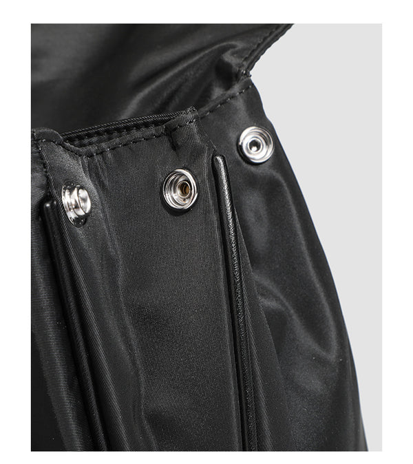 Structured black leather-look flap satchel bag with silver turn-lock hardware and top handle, detail view 31