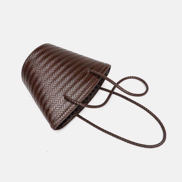 Woven herringbone-texture bucket bag with braided rope shoulder strap in dark brown, detail view 4