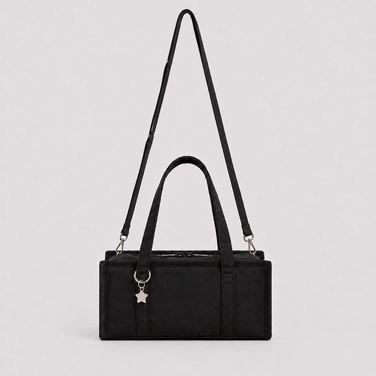 Structured rectangular retro plaid mini handbag with flower and star appliqués, silver star charm, and twin top handles