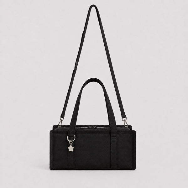 Structured rectangular retro plaid mini handbag with flower and star appliqués, silver star charm, and twin top handles