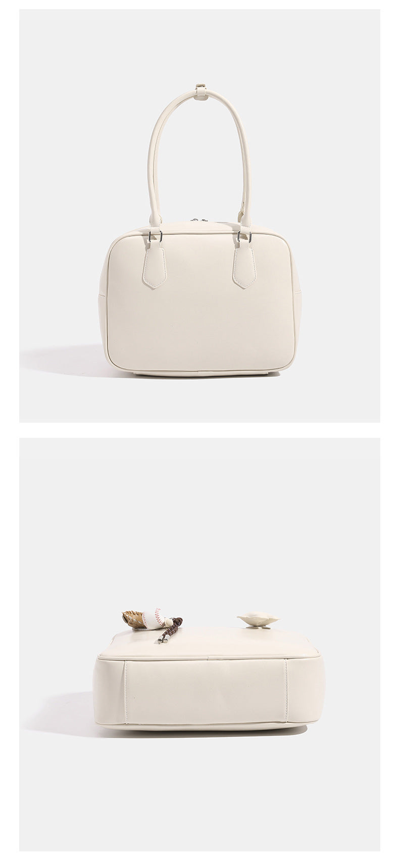 Strukturierte Satchel-Tasche mit abgerundeter rechteckiger Form und Tragegriff, glänzender Lederimitat-Oberfläche, silberfarbenen Beschlägen und, Detailansicht
