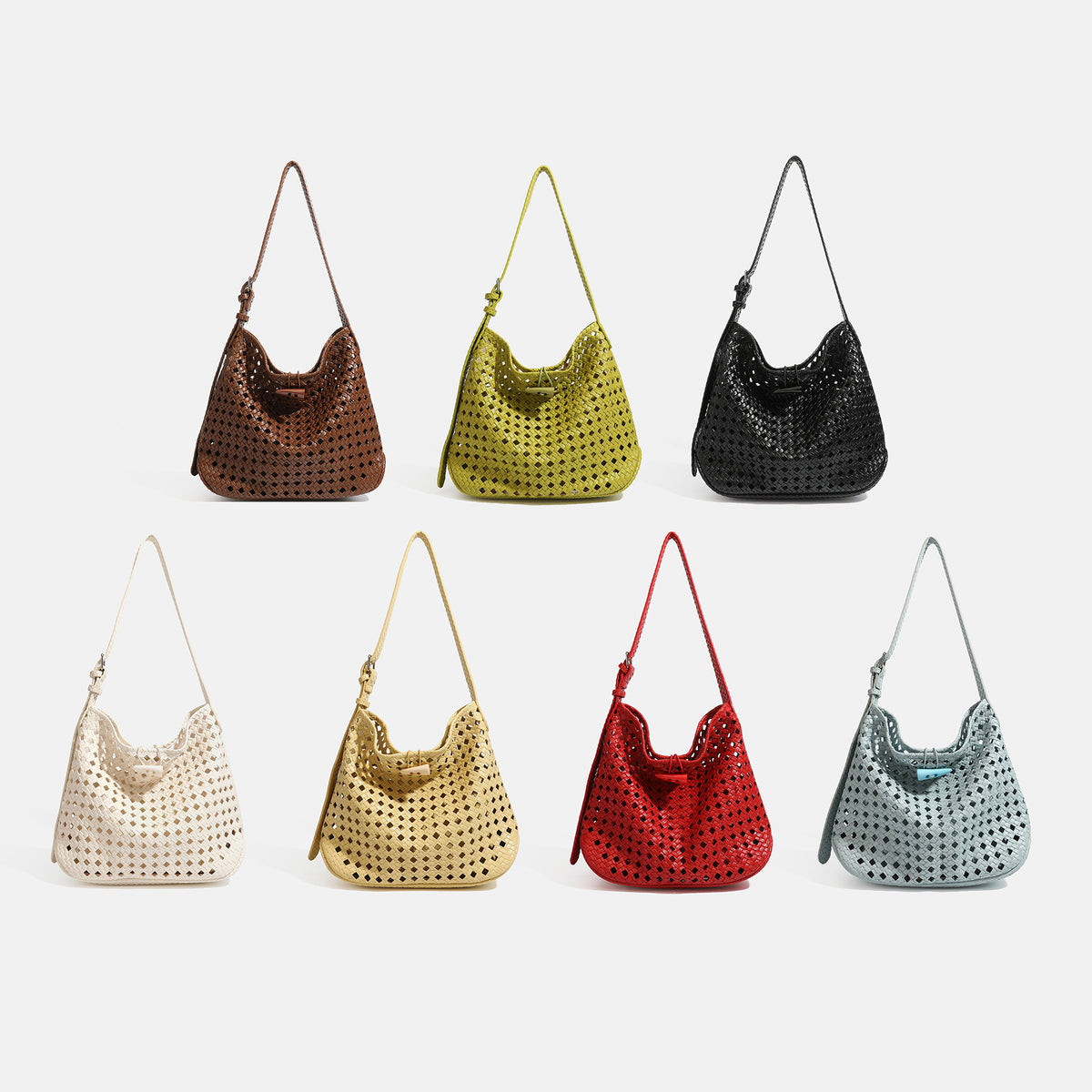 Braune Hobo-Schultertasche in Lederoptik mit offenem Flechtmuster, geflochtenem Trageriemen und passendem Reißverschluss-Etui, Detailansicht 2