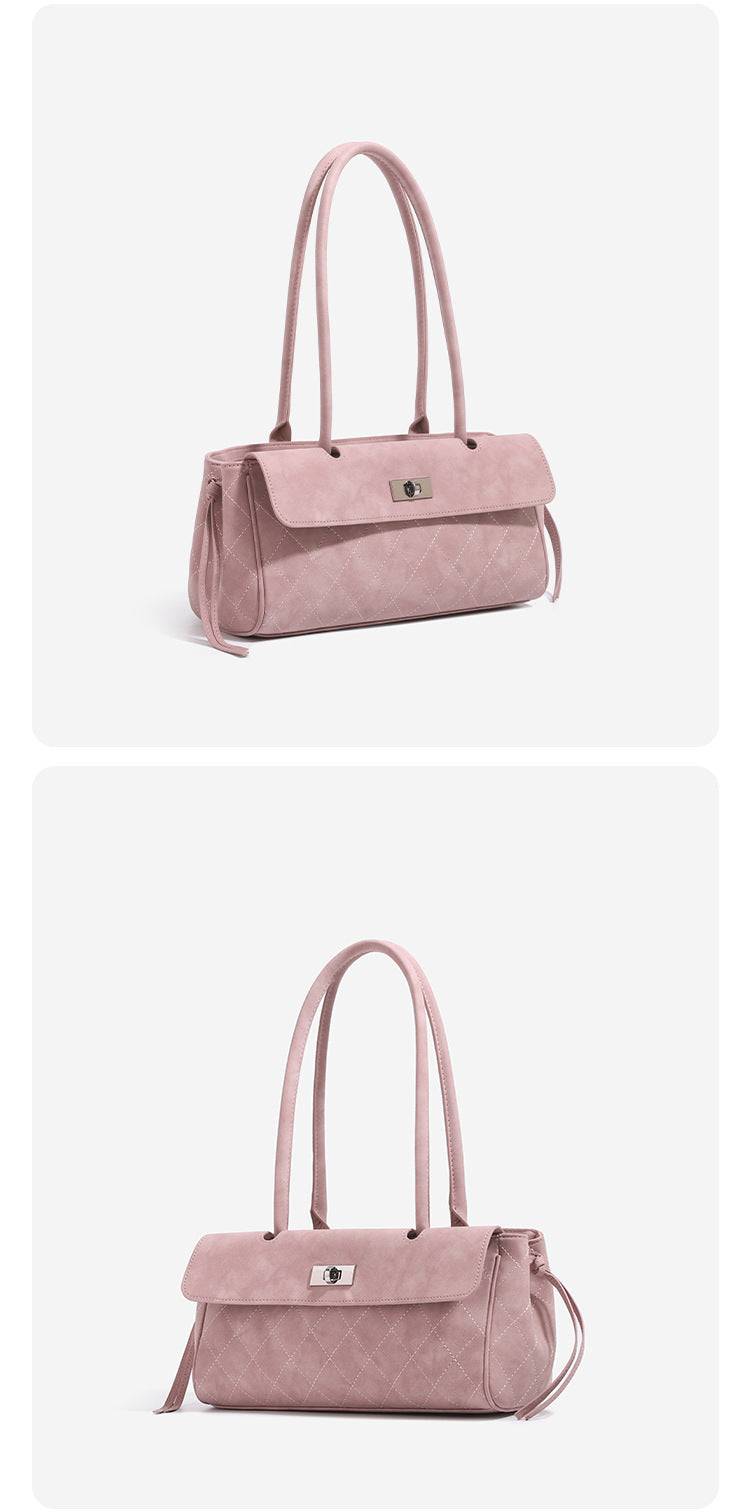Structured rectangular baguette shoulder bag with diamond quilted lower panel, smooth flap, gold-tone turn-lock closure