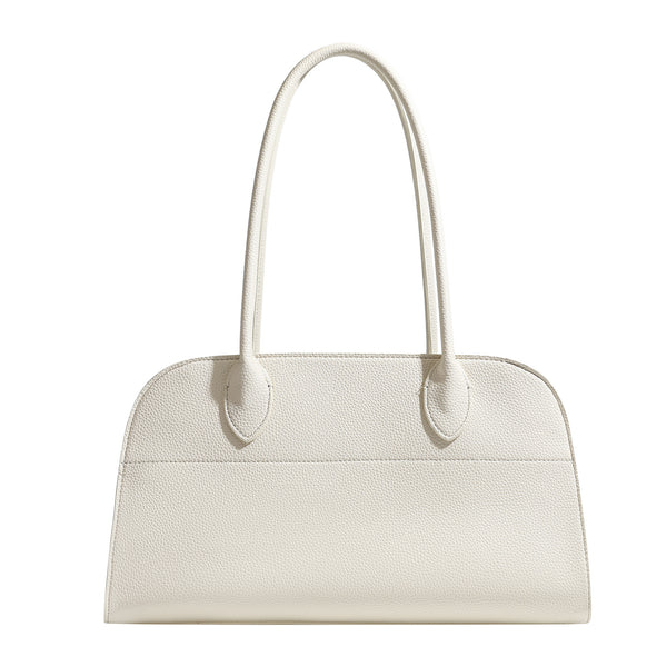 Large structured pebbled leather-look tote bag with double top handles and silver-tone hardware, detail view 5