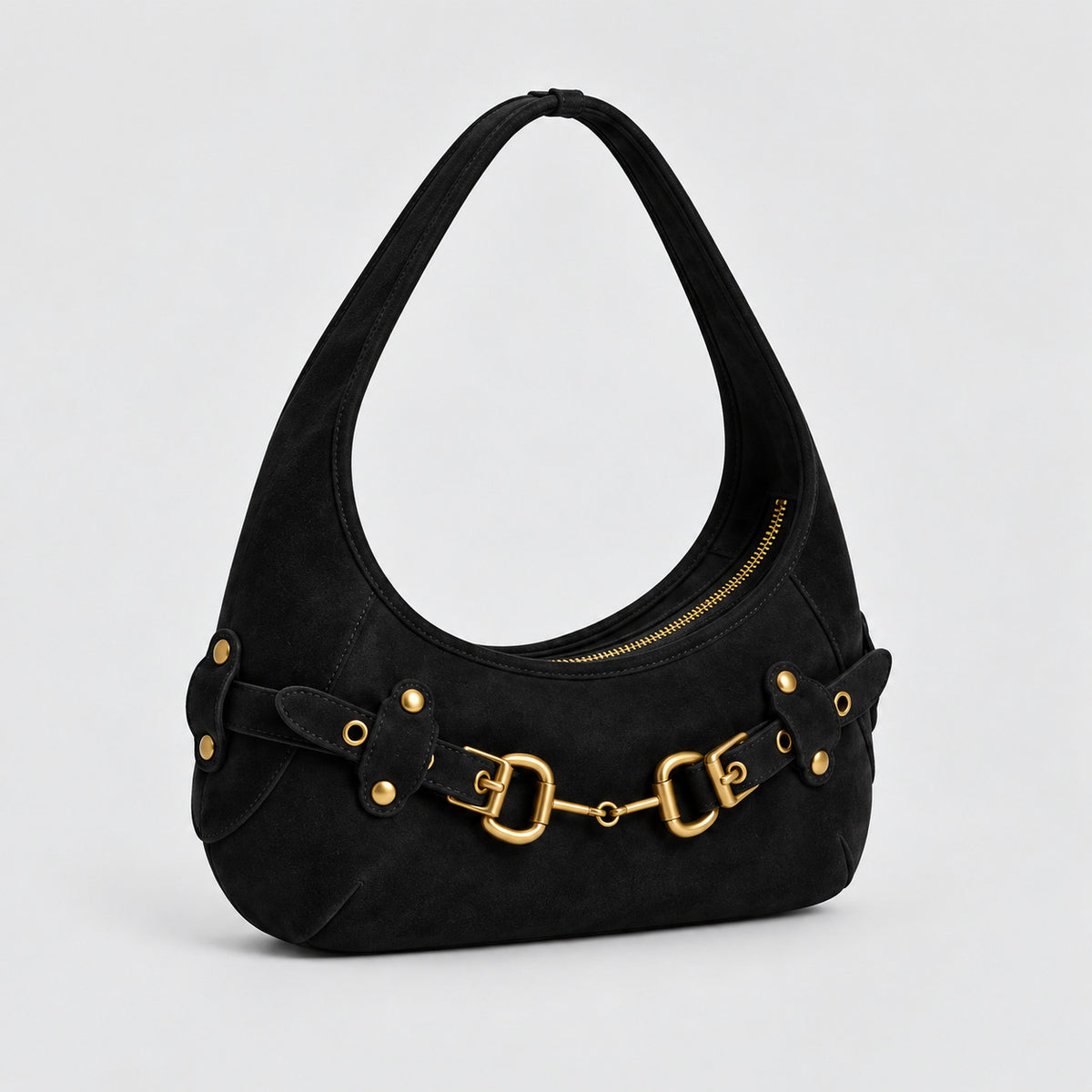 Matte suede-finish half-moon shoulder bag with gold horsebit bar hardware and dome studs, detail view 6