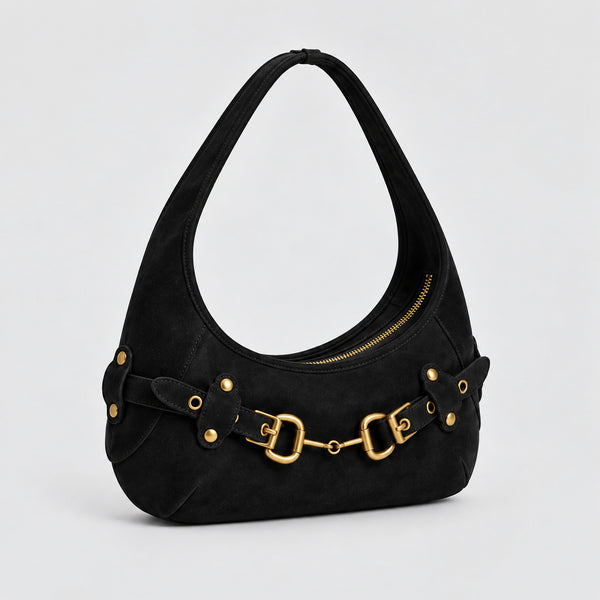 Matte suede-finish half-moon shoulder bag with gold horsebit bar hardware and dome studs, detail view 6