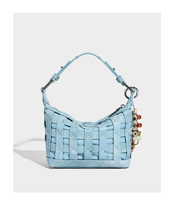 Small woven convertible shoulder bag with top zipper, silver-tone hardware, and detachable crossbody strap, detail view 16