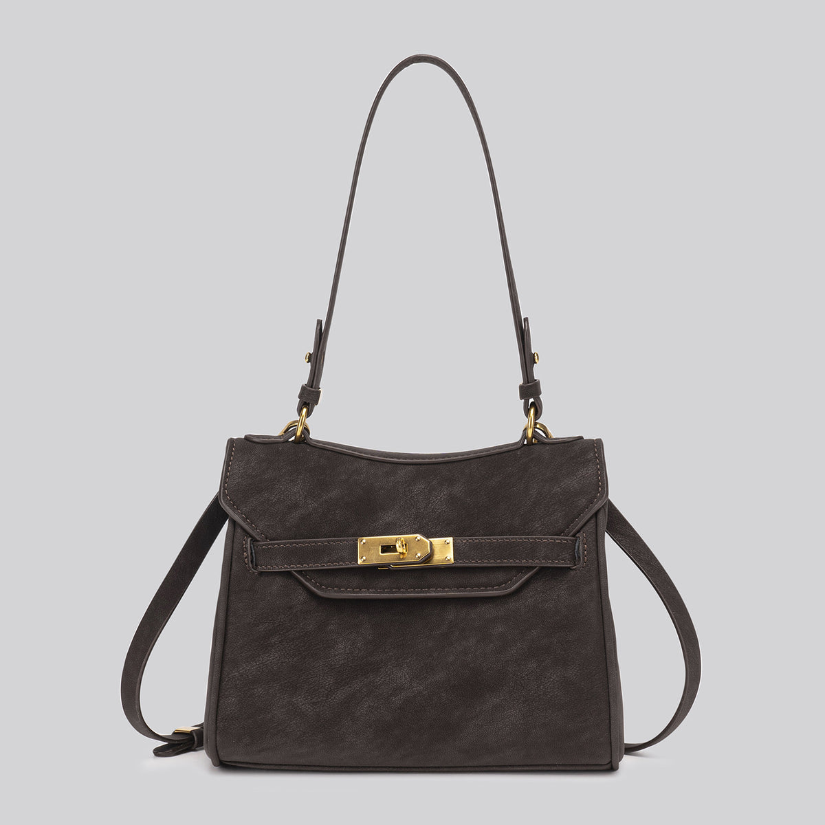 Structured dark brown flap satchel with gold-tone turn-lock hardware and detachable shoulder strap, front view