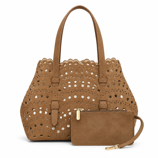 Structured scalloped perforated tote bag with matte suede-look finish and detachable zip pouch, detail view 6