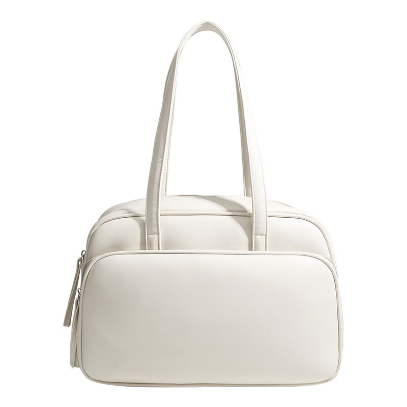 Large structured rectangular leather-look shoulder bag with dual zip compartments and double top handles, detail view 5