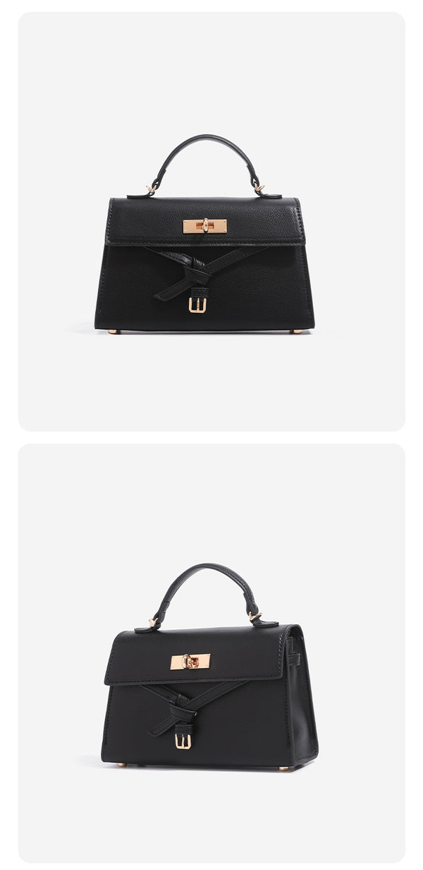 Strukturierte Mini-Henkeltasche mit genarbter matter Oberfläche, goldfarbenem Drehverschluss, Schleifendetail am Riemen und kurzem Tragegriff