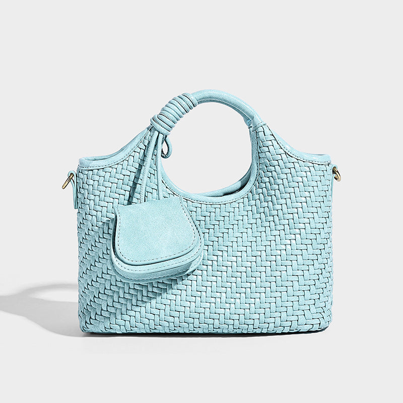 Woven texture tote bag with knotted top handles, attached front mini pouch, and gold-tone hardware, detail view 12