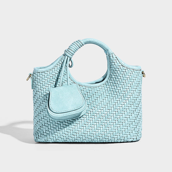 Woven texture tote bag with knotted top handles, attached front mini pouch, and gold-tone hardware, detail view 12