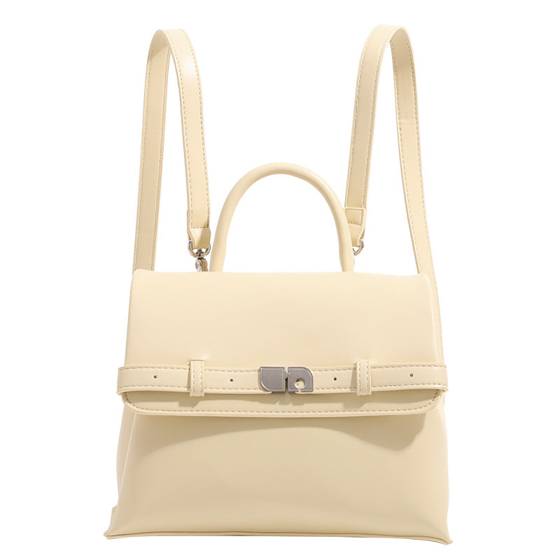 Structured matte leather-look convertible flap handbag with silver-tone turn-lock clasp and top handle, detail view 5