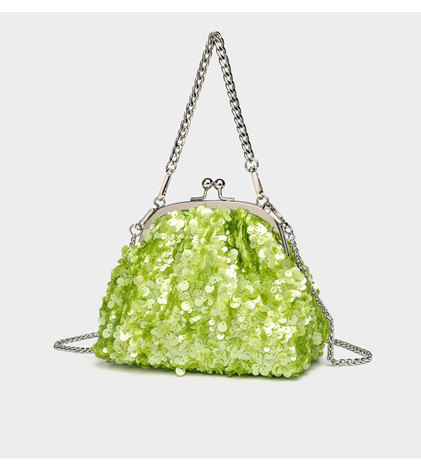 Small structured sequin kiss-lock evening bag with silver-tone chain strap in cream white, detail view 19