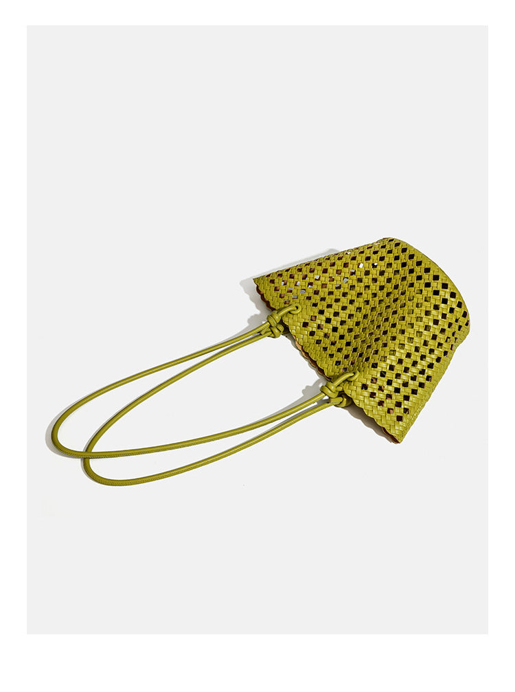 Open-weave lattice bucket tote bag with long knotted cord handles and tapered silhouette, detail view 13