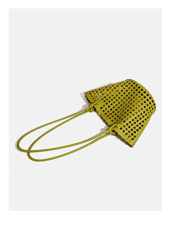 Open-weave lattice bucket tote bag with long knotted cord handles and tapered silhouette, detail view 13