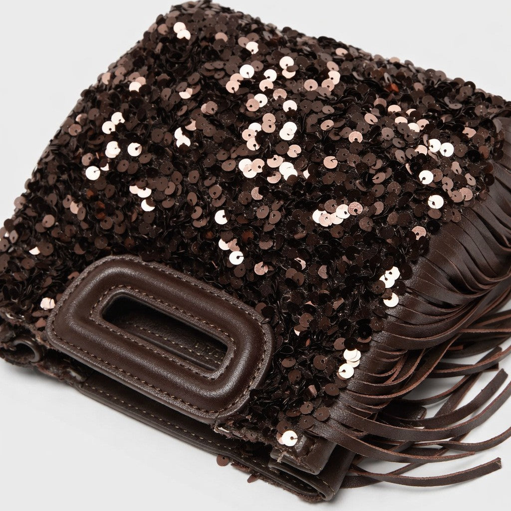 Small structured dark brown sequin handbag with leather-look fringe side trim and top cutout handle, detail view 4