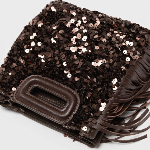 Small structured dark brown sequin handbag with leather-look fringe side trim and top cutout handle, detail view 4