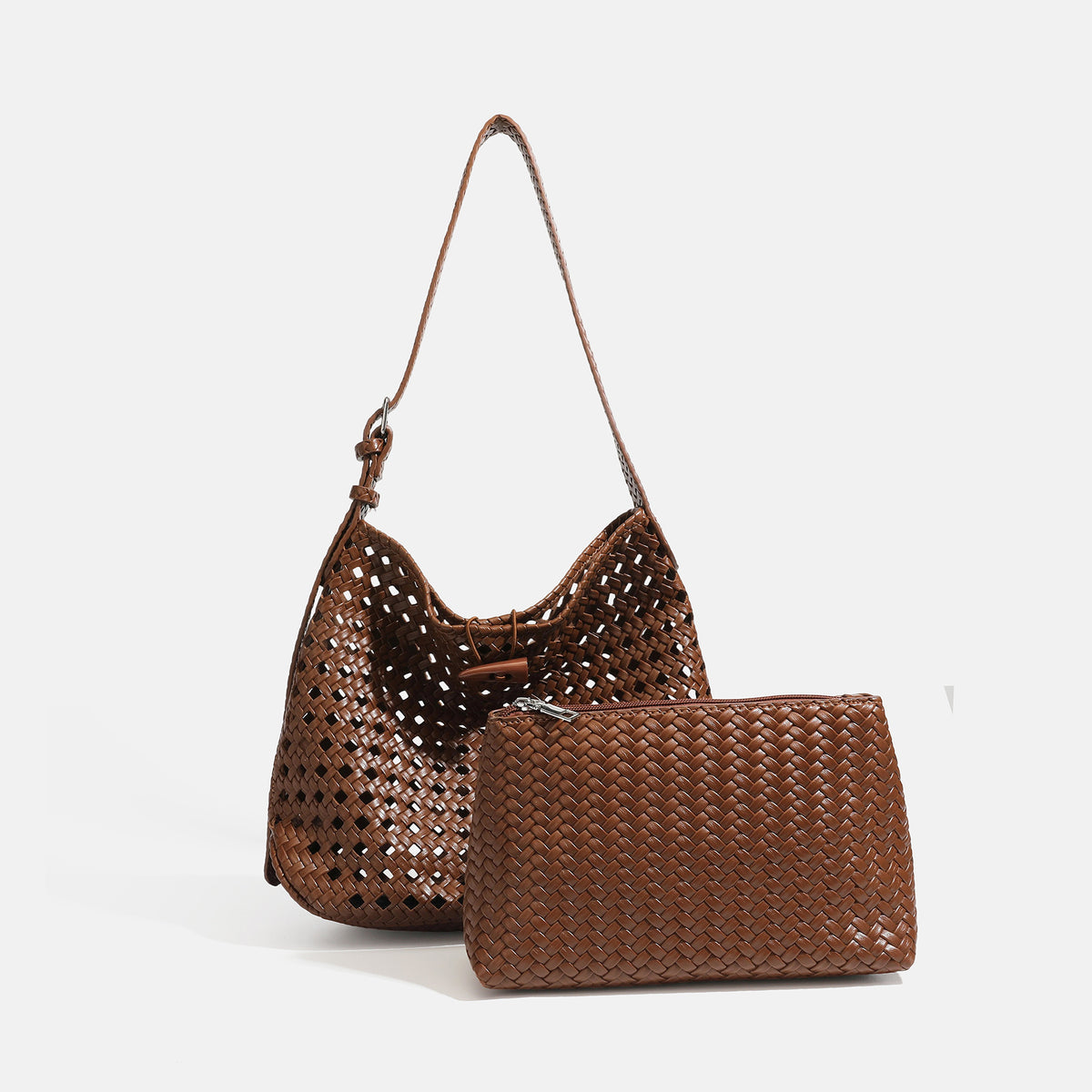 Brown open-lattice woven leather-look hobo shoulder bag with braided strap and matching zip pouch, detail view 6