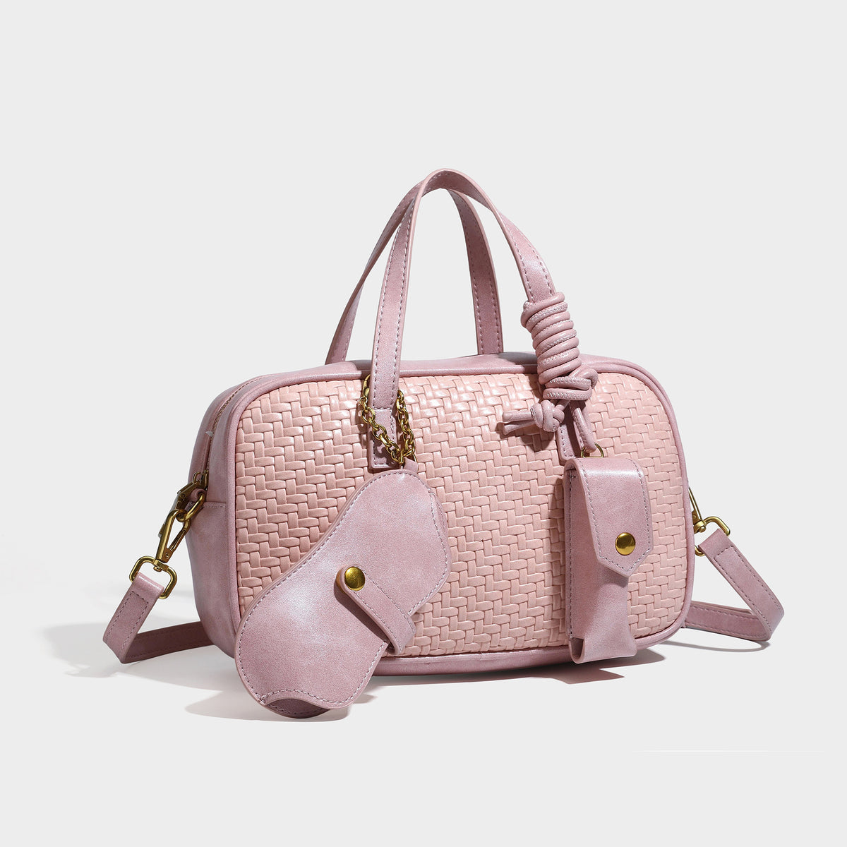 Strukturierte, rechteckige Satchel-Bag mit geflochtenem Frontpanel in Lederoptik, goldfarbenen Beschlägen, zwei Tragegriffen und abnehmbarem