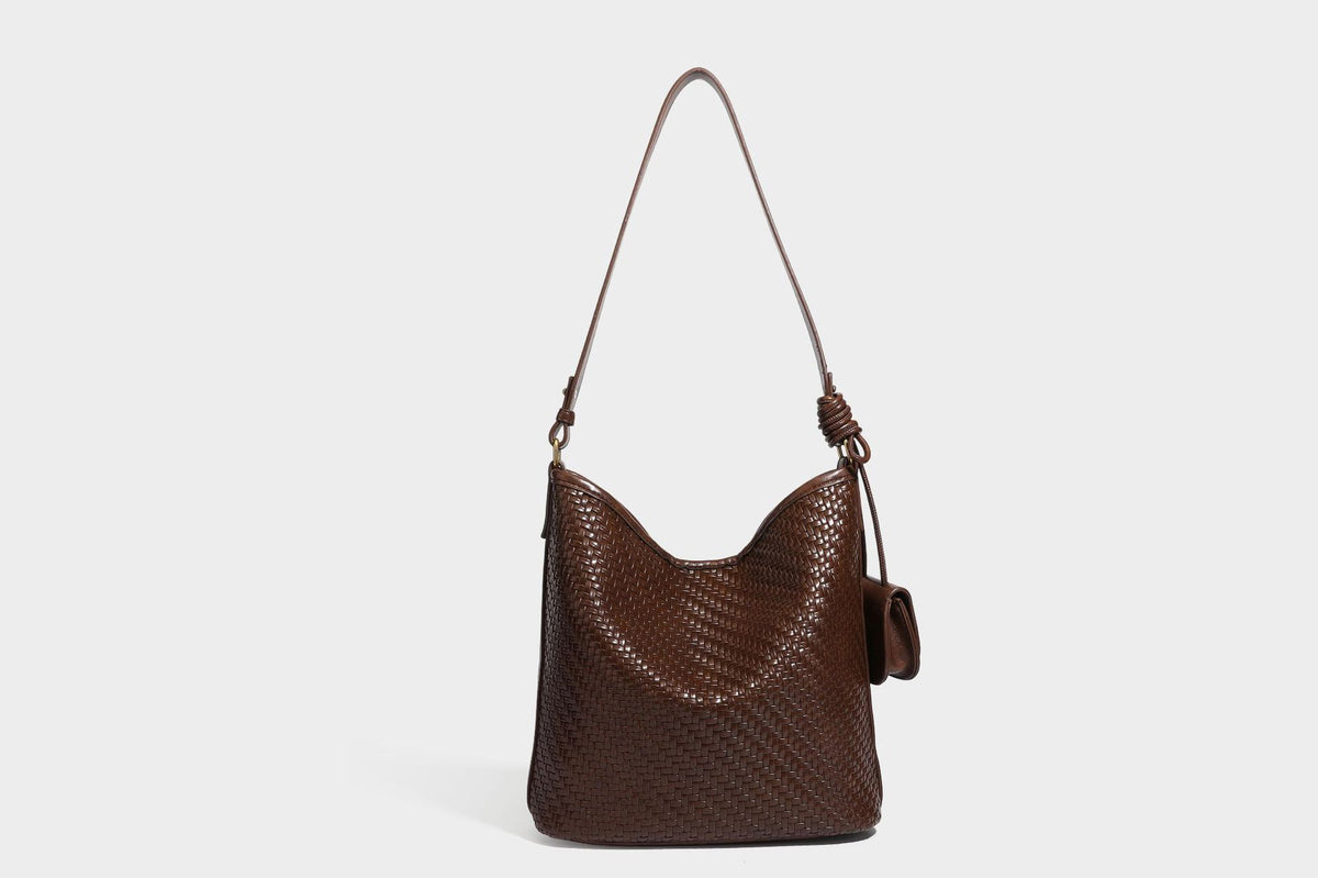 Woven-look slouchy hobo shoulder bag in brown with attached mini pouch and gold-tone hardware, detail view 30