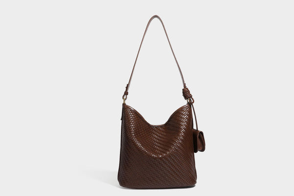 Woven-look slouchy hobo shoulder bag in brown with attached mini pouch and gold-tone hardware, detail view 30