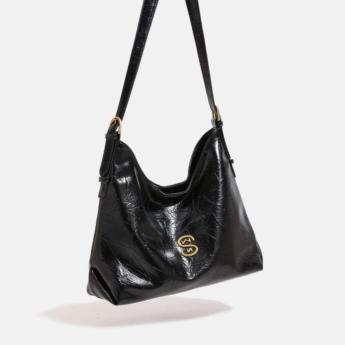 Glossy crinkled hobo shoulder bag with gold-tone logo hardware and adjustable strap, detail view 3