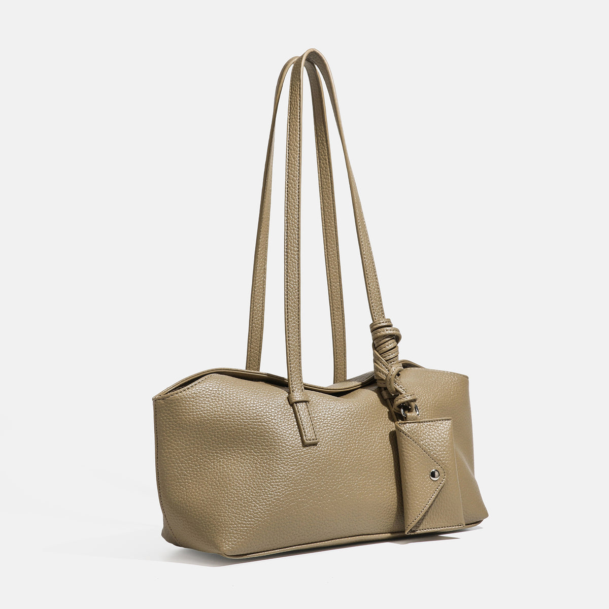 Soft pebbled leather-look open-top shoulder tote with knotted strap detail and envelope hanging tag, detail view 2