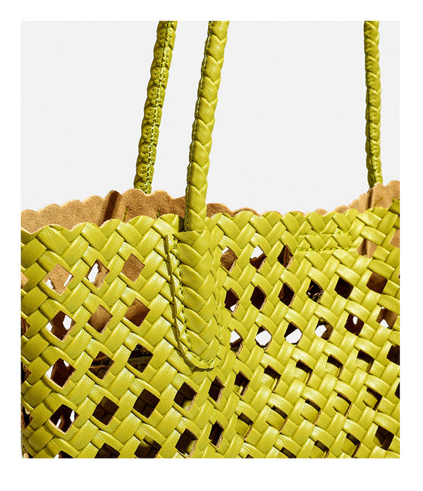 Chartreusefarbene, durchbrochen geflochtene Tote-Bag mit langen geflochtenen Schulterriemen und gewelltem oberen Rand, Detailansicht 29