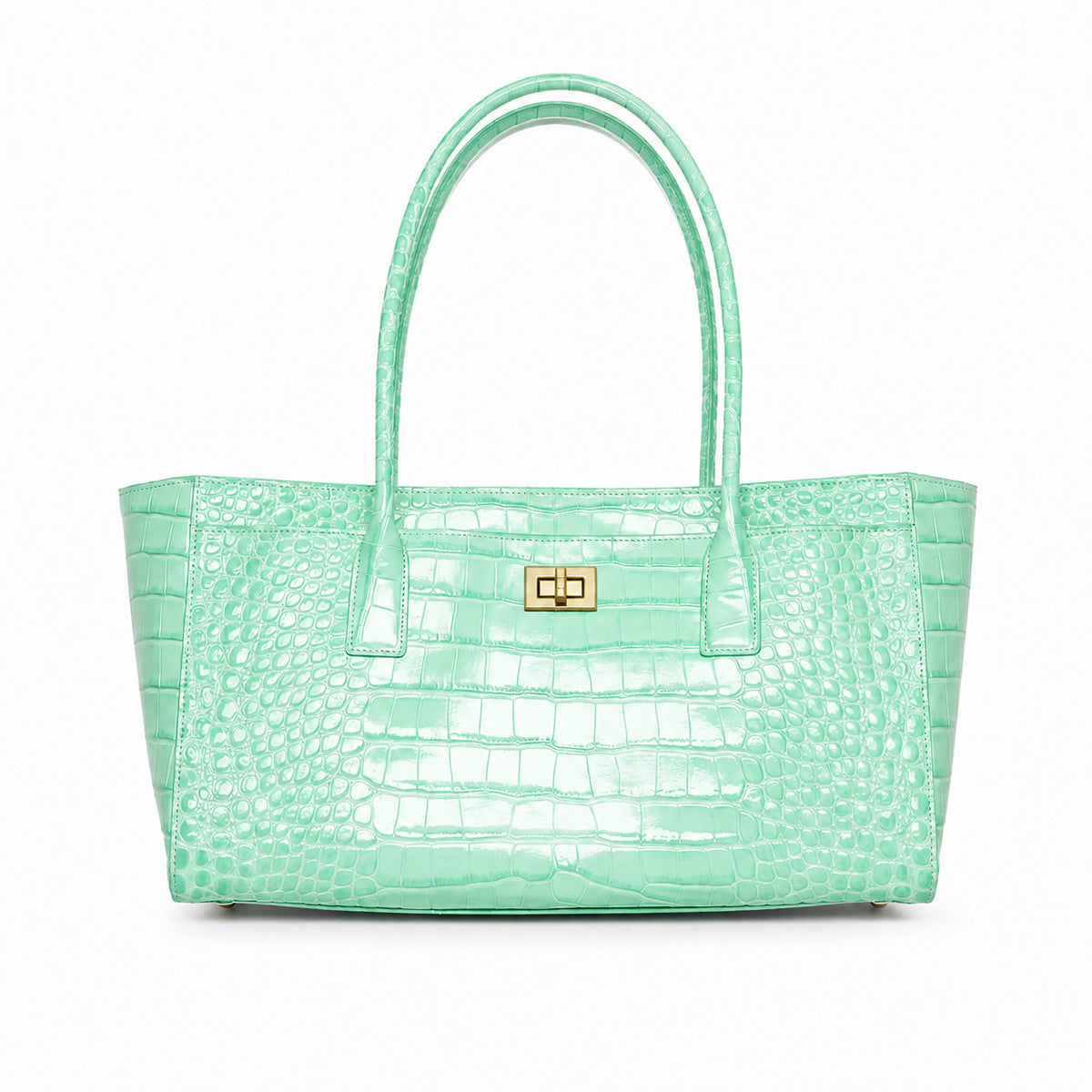 Structured glossy crocodile-embossed tote bag with gold-tone turn-lock closure and double top handles, detail view 3