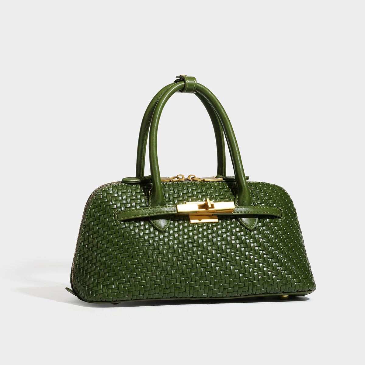 Structured woven-embossed leather-look satchel with dual rolled top handles, gold-tone turn-lock closure, and detachable