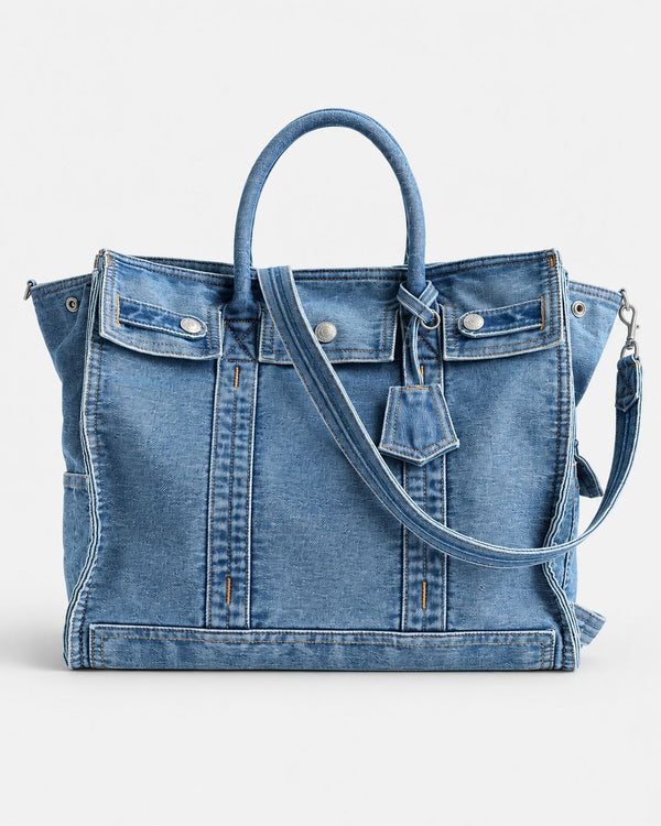 Large washed denim patchwork tote bag with snap-flap front pockets, rolled handles, and detachable shoulder strap, detail