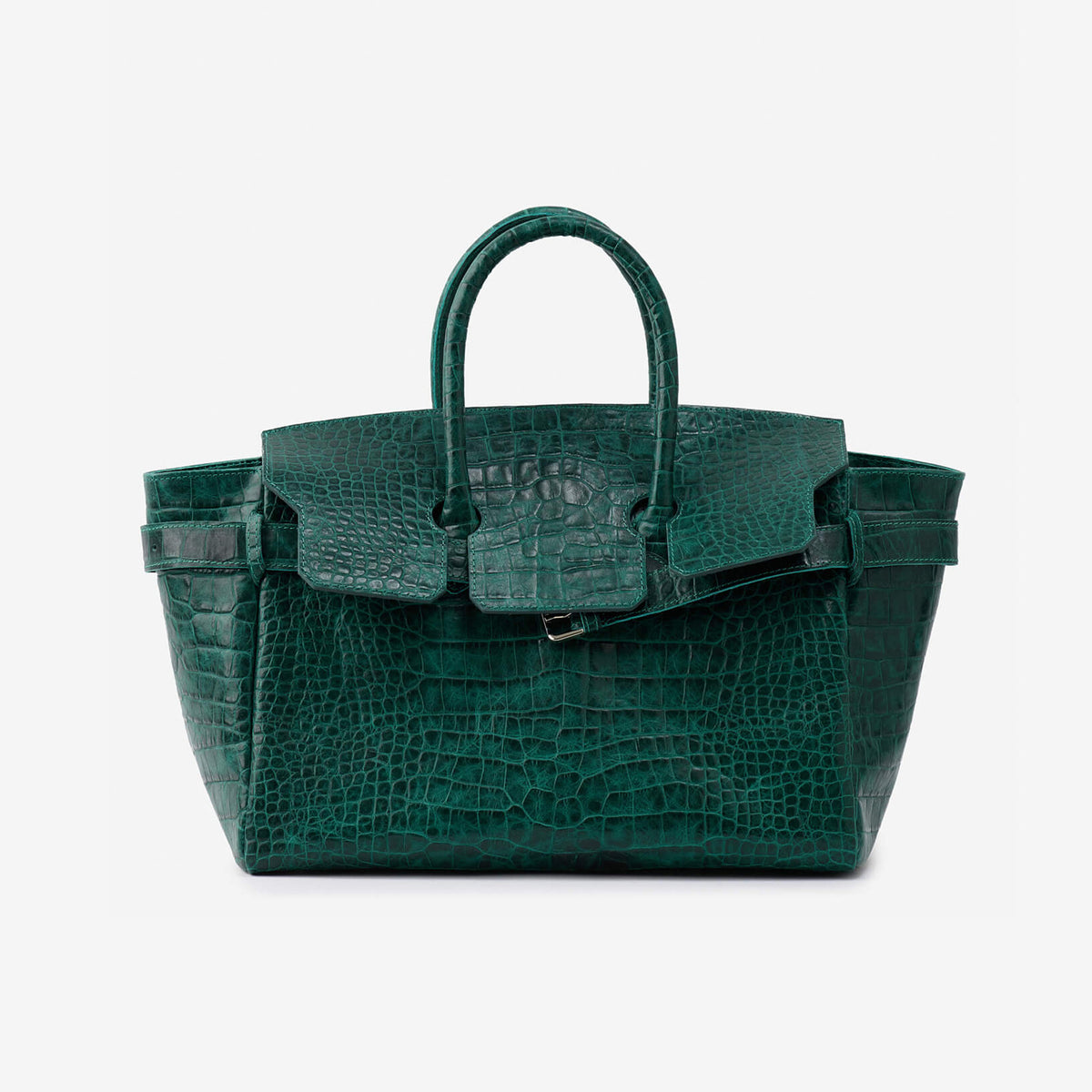 Large structured tote satchel with glossy crocodile-embossed leather-look finish, dual top handles, and metal buckle flap
