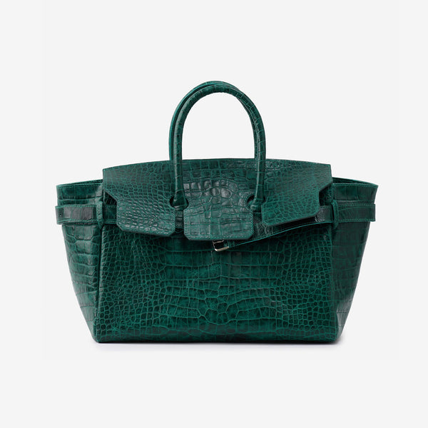 Large structured tote satchel with glossy crocodile-embossed leather-look finish, dual top handles, and metal buckle flap