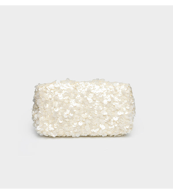 Small structured sequin kiss-lock evening bag with silver-tone chain strap in cream white, detail view 14