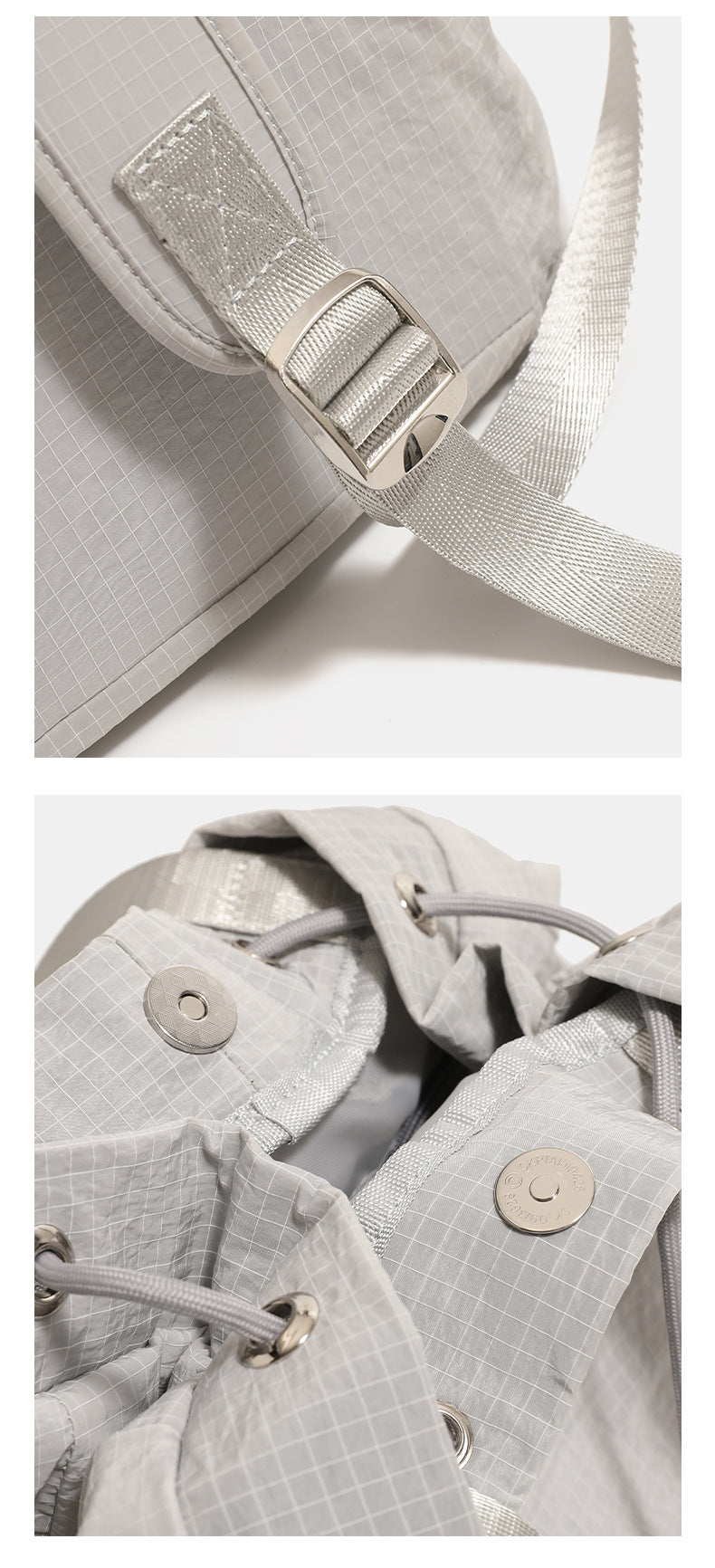 Glacier gray grid-texture nylon drawstring bucket convertible backpack with top handles and adjustable shoulder straps