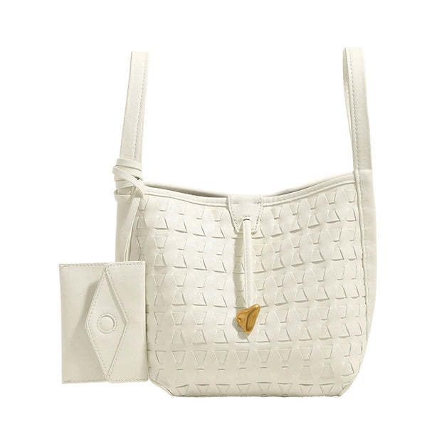 Woven embossed leather-look bucket bag with triangular texture pattern, gold-tone hardware, and attached mini snap pouch