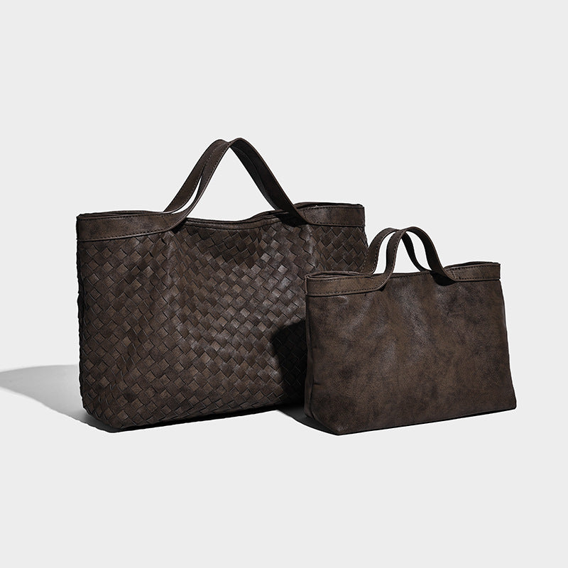 Large structured woven-texture leather-look tote bag with matching small bag in dark brown, dual top handles and adjustable