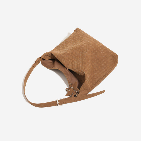 Slouchy woven hobo shoulder bag with matte suede-like finish, adjustable strap, and star charm hardware, detail view 4