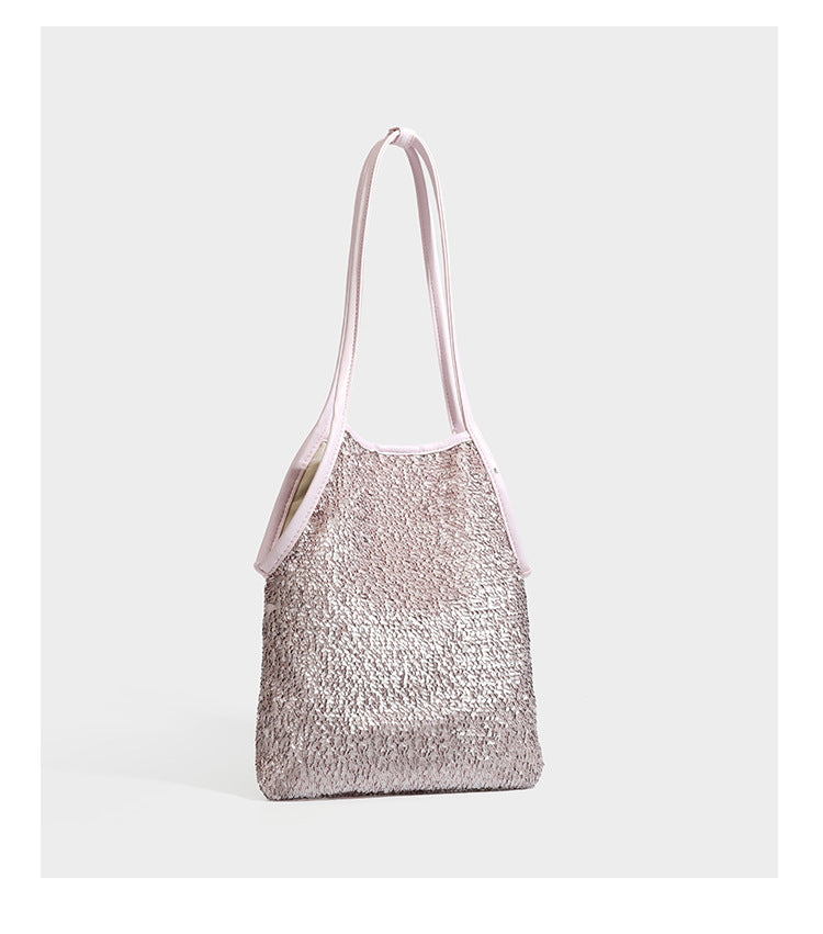 Kleine Schulter-Tote-Bag mit Pailletten, langem Metallic-Riemen und trapezförmiger Silhouette, Detailansicht 20