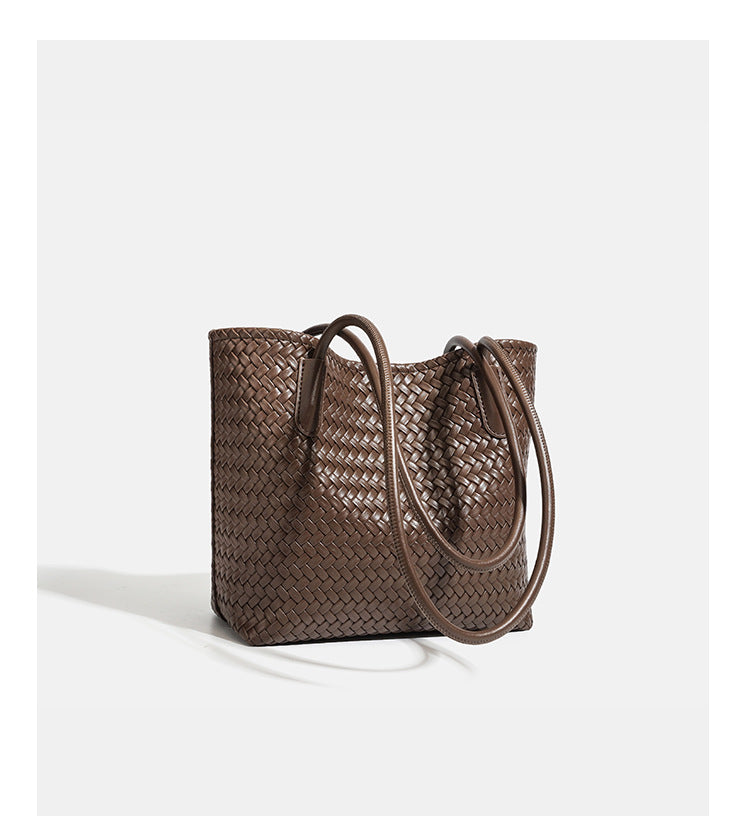 Structured woven leather-look tote bag with long shoulder straps and matching zippered pouch, detail view 17