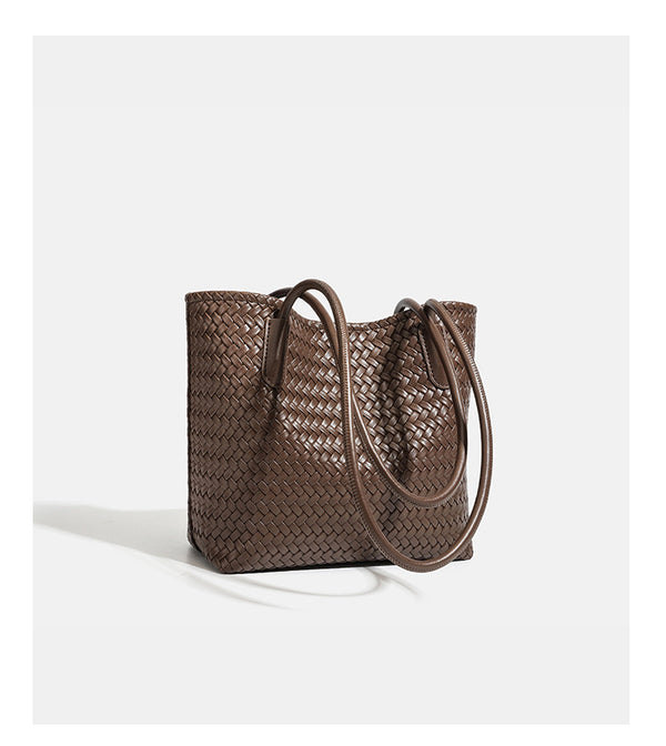Structured woven leather-look tote bag with long shoulder straps and matching zippered pouch, detail view 17