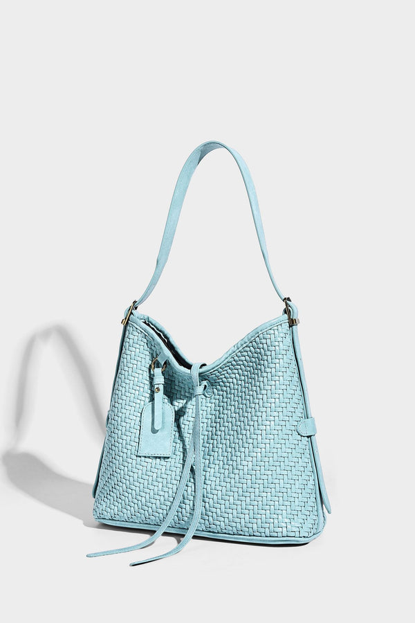 Slouchy woven-texture bucket shoulder bag with tassel tie closure and gold-tone hardware, detail view 33
