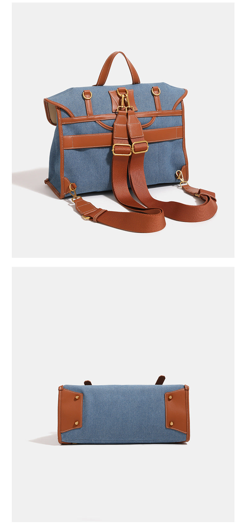 Formstabile, wandelbare Rucksack-Handtasche in Denim-Optik mit cognacbrauner Kunstlederoptik, goldfarbenen Schnallendetails und oberem Tragegriff