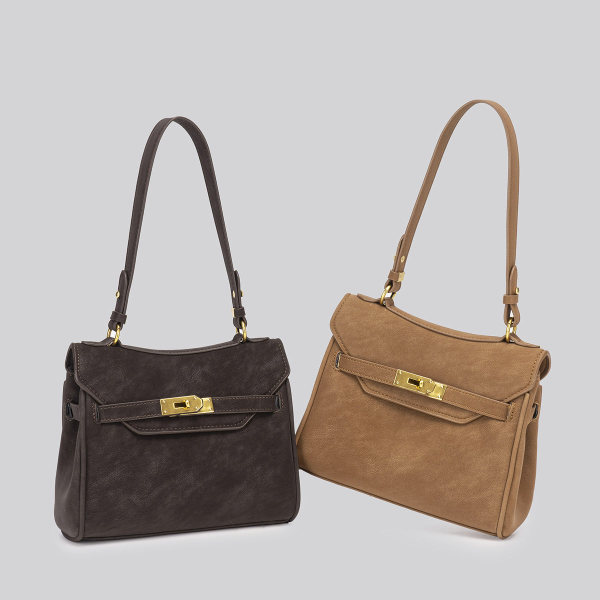 Structured dark brown flap satchel with gold-tone turn-lock hardware and detachable shoulder strap, detail view 2