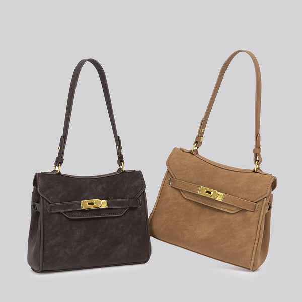 Structured dark brown flap satchel with gold-tone turn-lock hardware and detachable shoulder strap, detail view 2