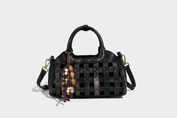 Small structured woven lattice top-handle satchel bag with bead-and-tassel charm and gold-tone hardware, detail view 36
