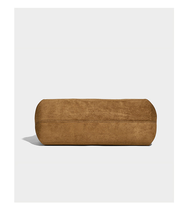 Structured suede-look shopper tote with wraparound belt strap and gold turn-lock clasp, long dark brown shoulder handles